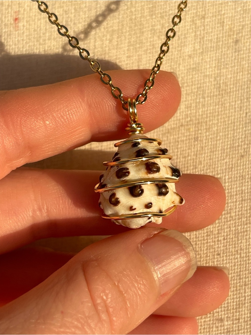 Drupe Shell Gold Wire Wrap Pendant Necklace